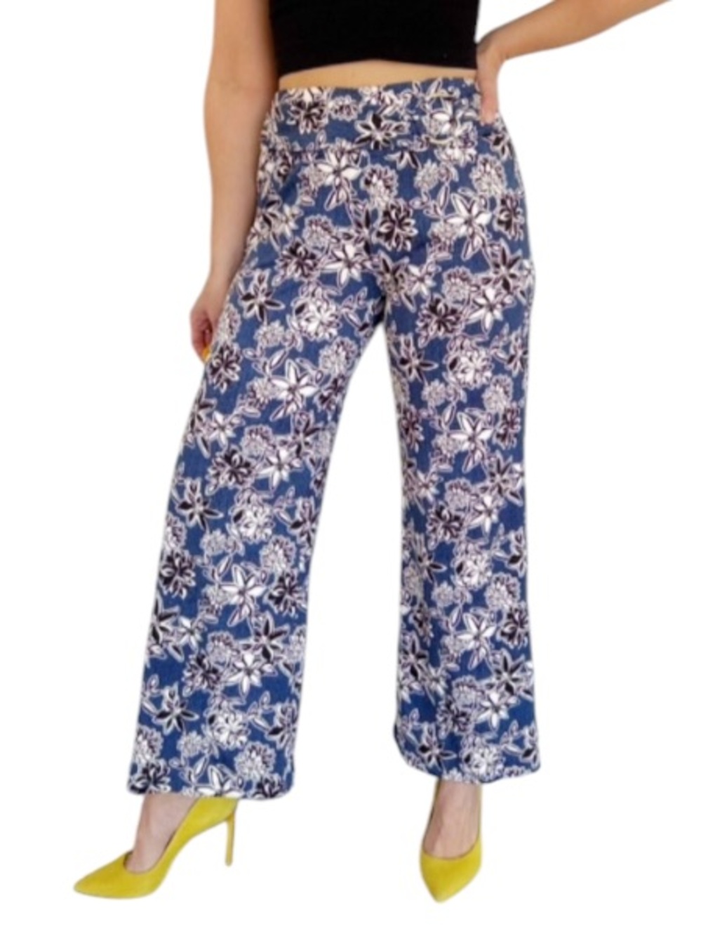 Robert Louis blue white floral belted stretch wide leg casual pants size PM